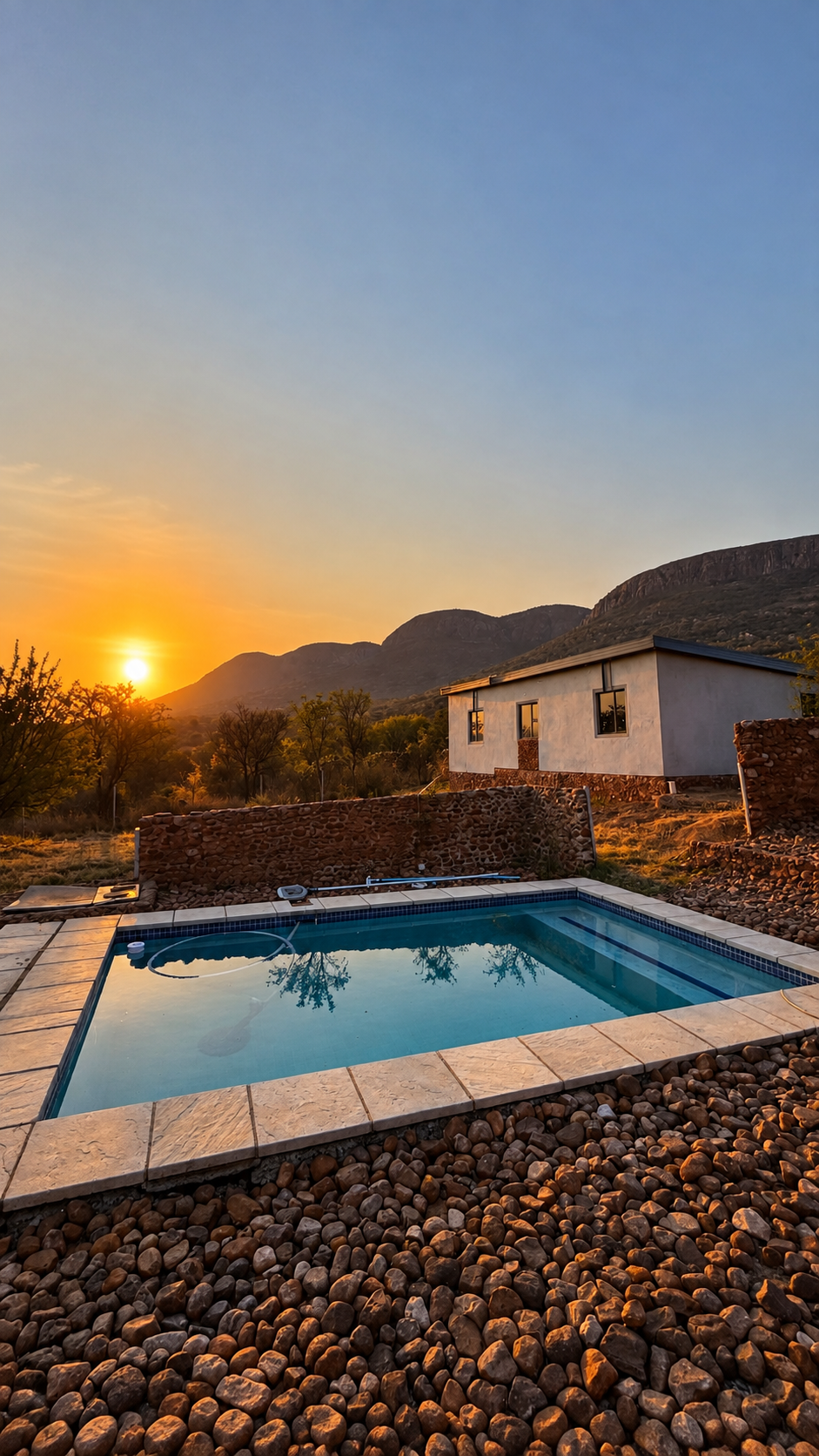 The private pool at Sango Hartbeespoort at sunset, with the house and mountains behind
