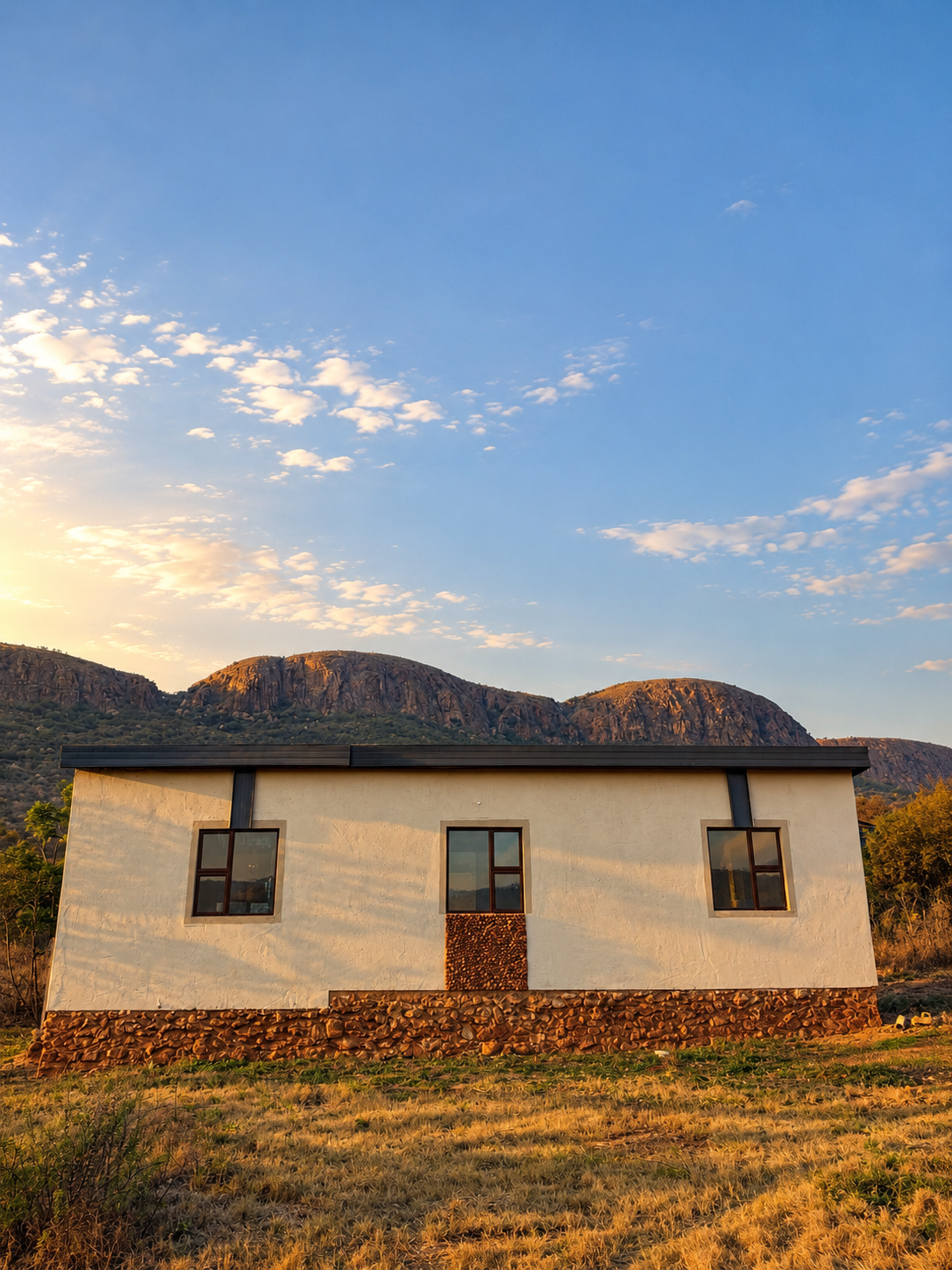The house in evening light with the mountains rising behind it