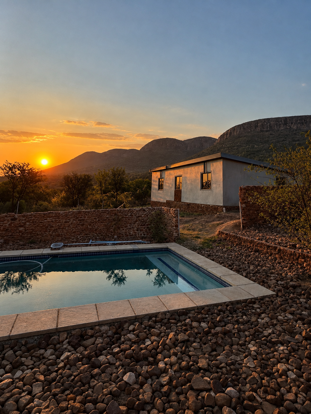 Pool terrace at golden hour looking toward the setting sun